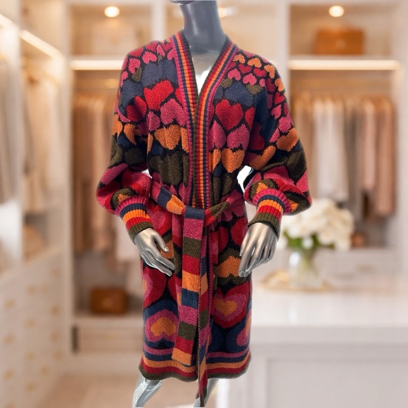 Anthropologie Farm Rio Full of Hearts Print Belted Sweater Cardigan Medium